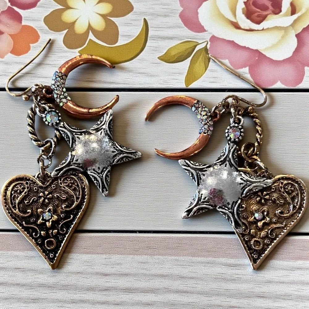 Boho Silver, Copper, and Bronze Toned Star and Heart Earrings Celestial Witchy